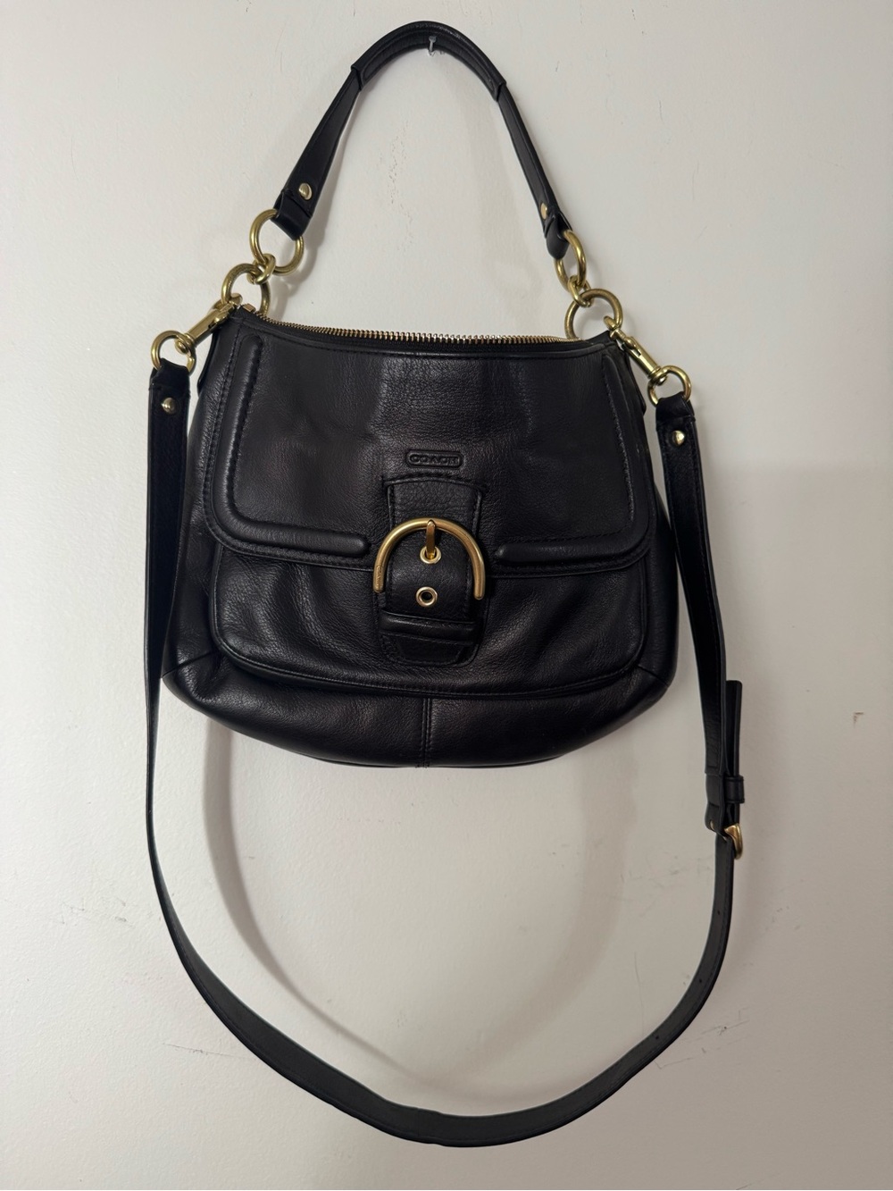 Black Leather Shoulder Bag with Gold Hardware